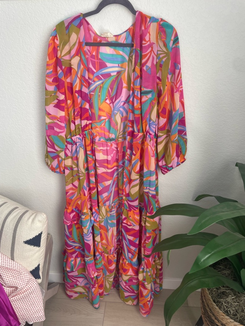 Vibrant Floral Tropical Print Swim Coverup maxi dress sheer XL tie front